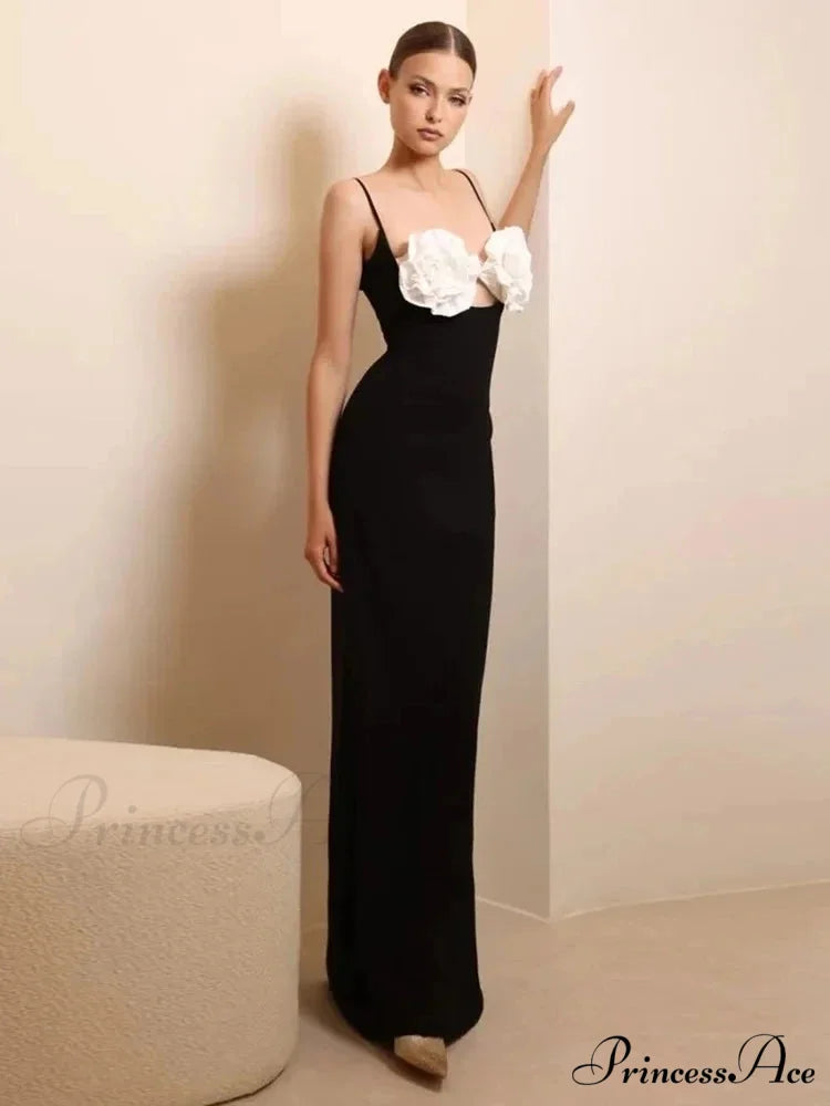 Sexy Spaghetti Strap 3D Flower Bandage Maxi Black Sleeveless Christmas Party Dress
