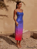 Sexy Spaghetti Strap Gradient Sequins Long Dress Sleeveless Colorful Christmas Party Dress