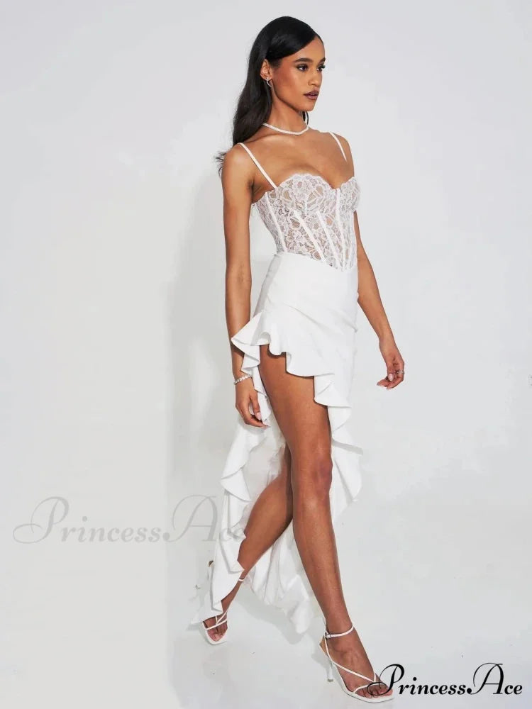 Sexy Spaghetti Strap Lace Patchwork Long Dress Sleeveless Ruffles Christmas Party Dress