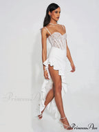 Sexy Spaghetti Strap Lace Patchwork Long Dress Sleeveless Ruffles Christmas Party Dress