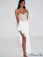 Sexy Spaghetti Strap Lace Patchwork Long Dress Sleeveless Ruffles Christmas Party Dress