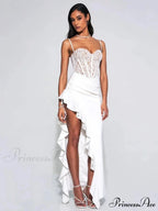 Sexy Spaghetti Strap Lace Patchwork Long Dress Sleeveless Ruffles Christmas Party Dress