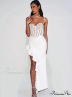 Sexy Spaghetti Strap Lace Patchwork Long Dress Sleeveless Ruffles Christmas Party Dress