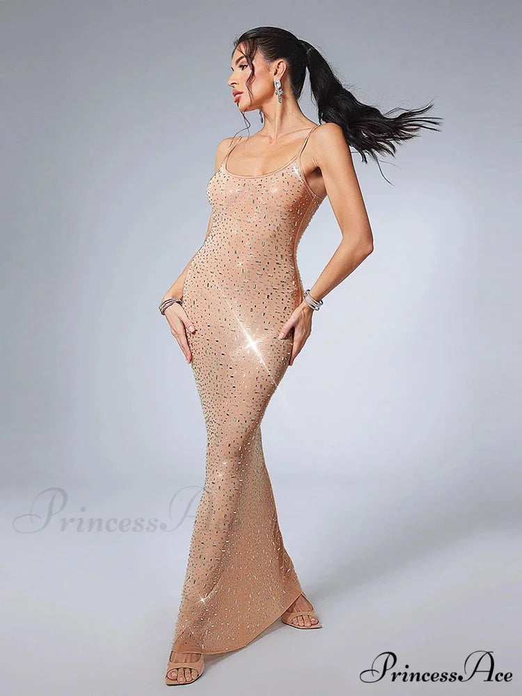 Sexy Spaghetti Strap Perspective Luxury Diamond Sleeveless See Through Christmas Party Dress