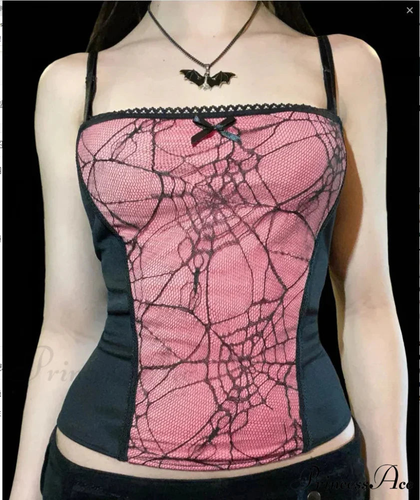 Sexy Spider Web Lace Patchwork Gothic Punk Sleeveless Square Collar Trendy Stylish Crop Top