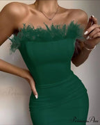 Sexy Strapless Backless Feather Black Midi Dress