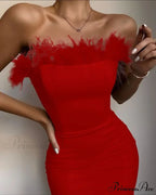 Sexy Strapless Backless Feather Black Midi Dress