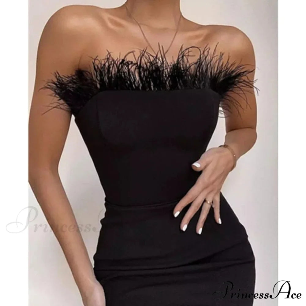 Sexy Strapless Backless Feather Black Midi Dress