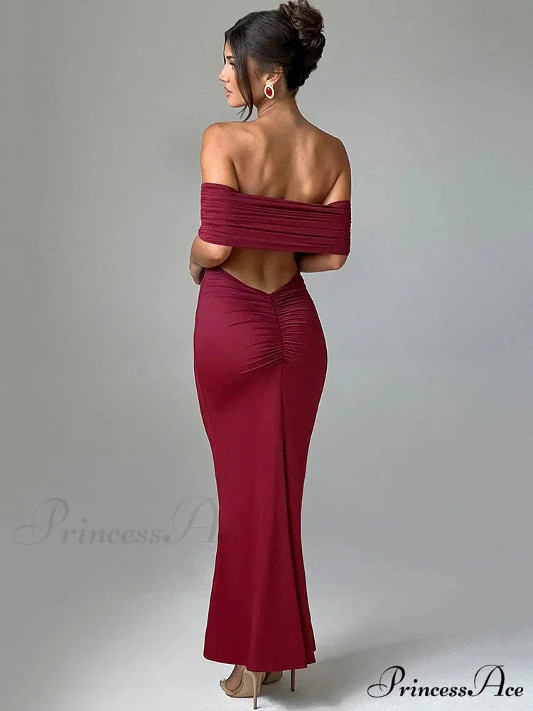 Sexy Strapless Backless Maxi Dress - Solid Off-shoulder Sleeveless Bodycon Christmas Party Dress