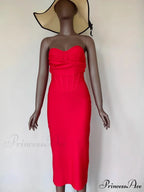 Sexy Strapless Backless Split Bustier Red Christmas Party Dress