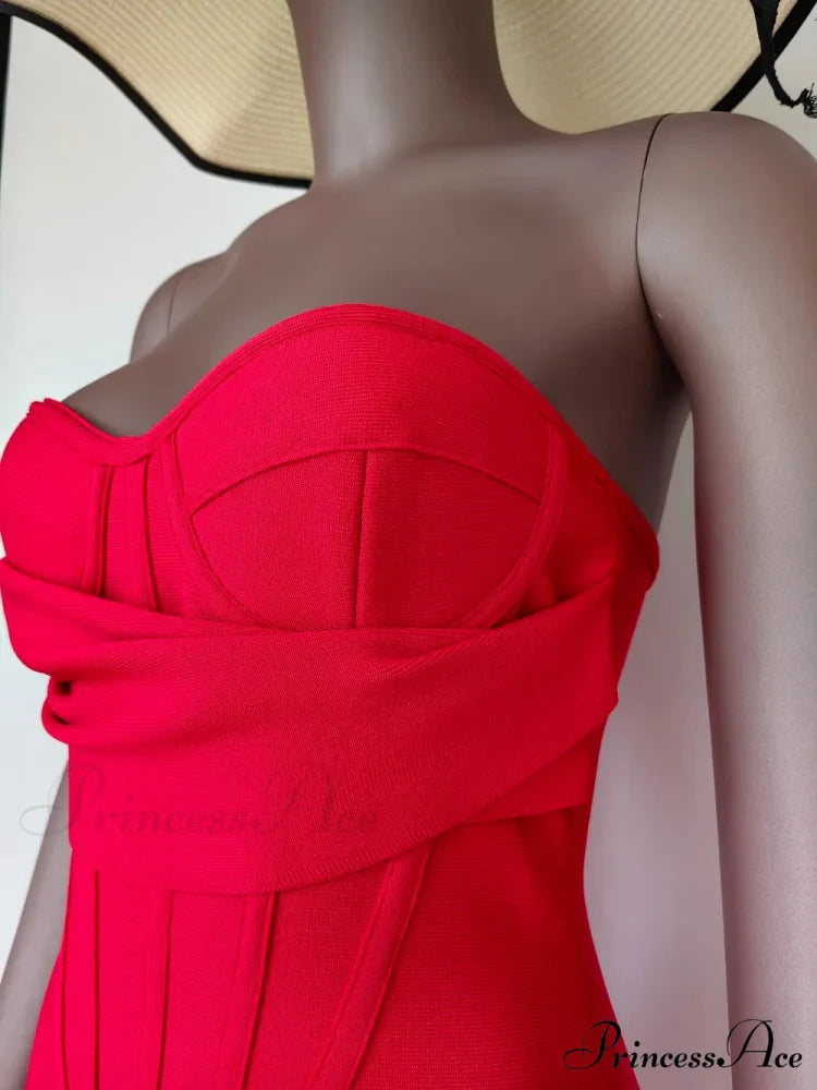 Sexy Strapless Backless Split Bustier Red Christmas Party Dress
