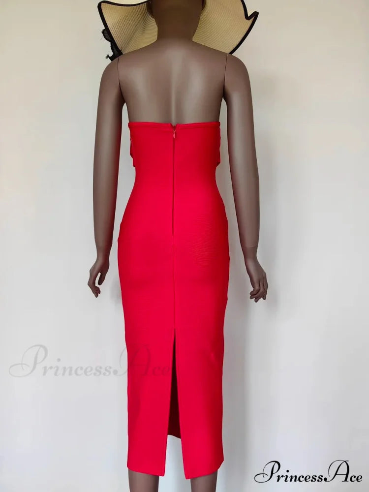 Sexy Strapless Backless Split Bustier Red Christmas Party Dress