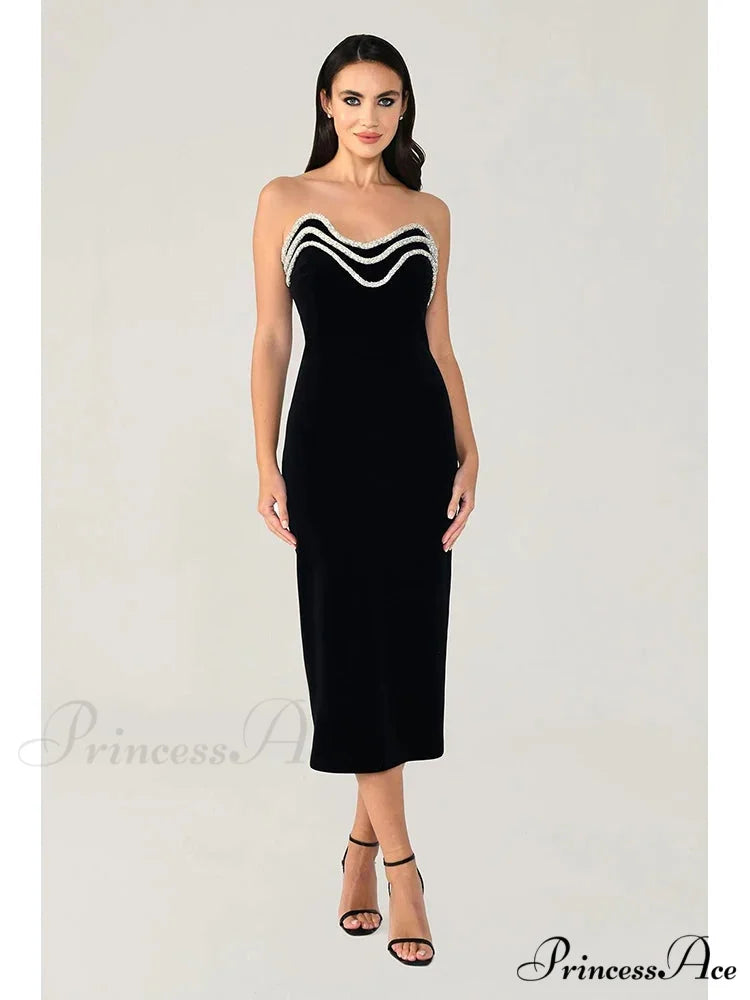 Sexy Strapless Diamonds Chain Bandage Black Sleeveless Backless Christmas Party Dress