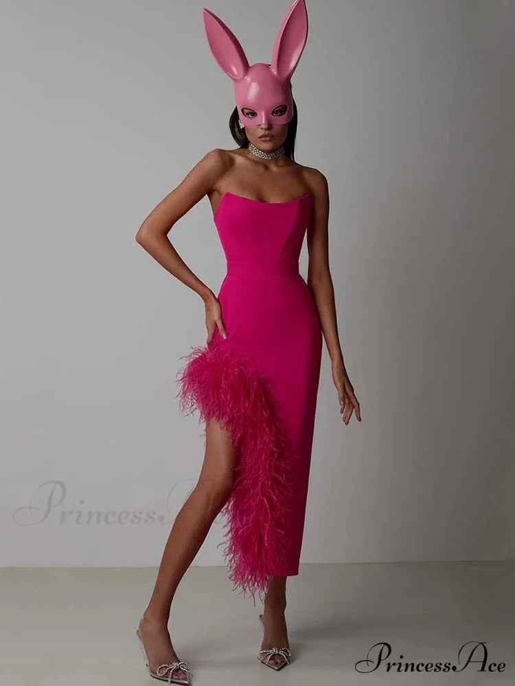 Sexy Strapless Feathers Midi Bandage Black White Backless Christmas Party Dress