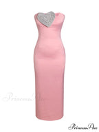 Sexy Strapless Heart Crystal Design Long Pink Sleeveless Diamonds Elegant Christmas Party Dress