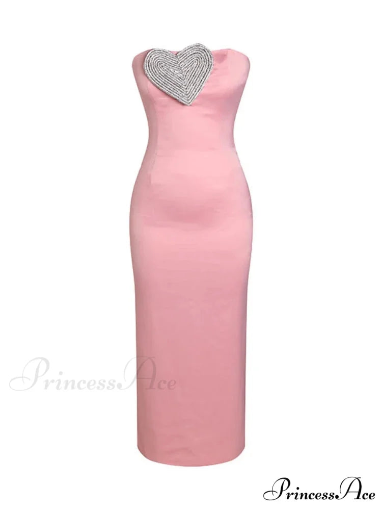 Sexy Strapless Heart Crystal Design Long Pink Sleeveless Diamonds Elegant Christmas Party Dress