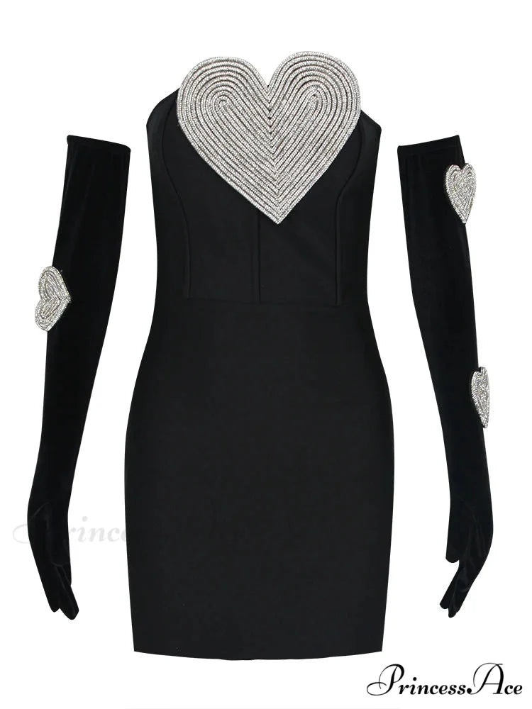 Sexy Strapless Heart Diamonds Bandage Gloves Black Backless Bodycon Christmas Party Dress