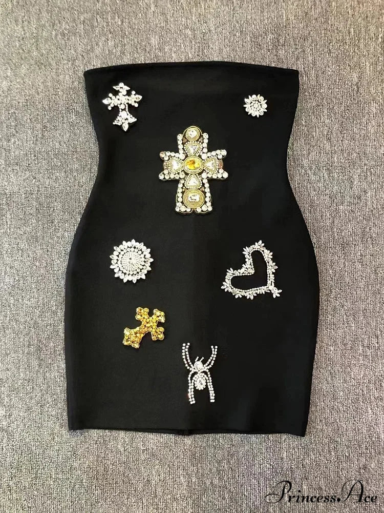 Sexy Strapless Luxury Diamonds Bandage Black Sleeveless Beaded Mini Evening Christmas Party Dress