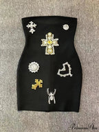 Sexy Strapless Luxury Diamonds Bandage Black Sleeveless Beaded Mini Evening Christmas Party Dress