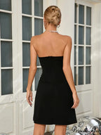 Sexy Strapless Mesh Patchwork Pearl Beaded Mini Black Sleeveless Christmas Party Dress