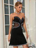 Sexy Strapless Mesh Patchwork Pearl Beaded Mini Black Sleeveless Christmas Party Dress