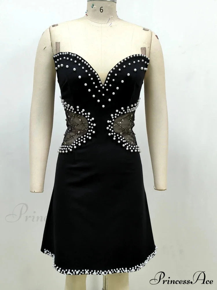 Sexy Strapless Mesh Patchwork Pearl Beaded Mini Black Sleeveless Christmas Party Dress