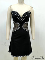 Sexy Strapless Mesh Patchwork Pearl Beaded Mini Black Sleeveless Christmas Party Dress