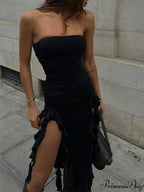 Sexy Strapless Off Shoulder Women Ruffles Split Beach Summer Slim Fit Party Female Vestido