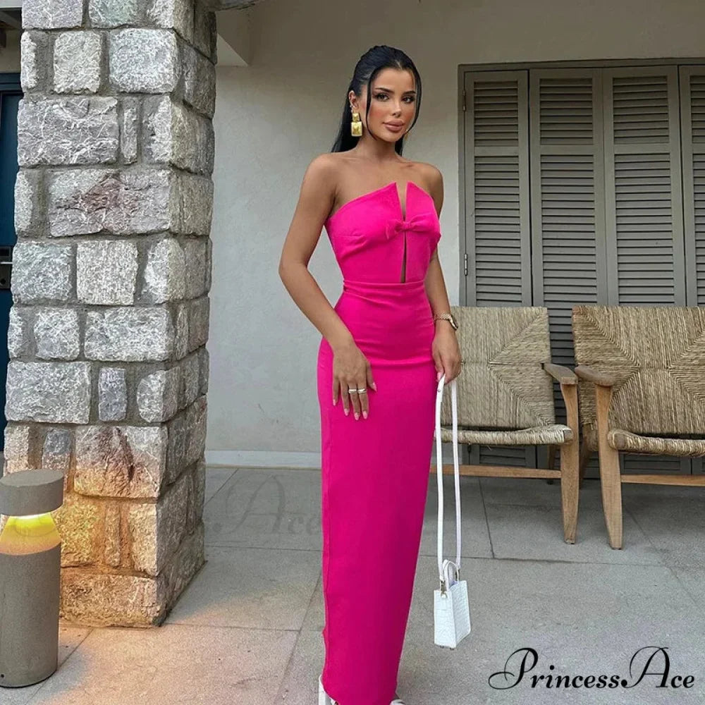 Sexy Strapless Slim Hollow Out Maxi Red Christmas Party Dress