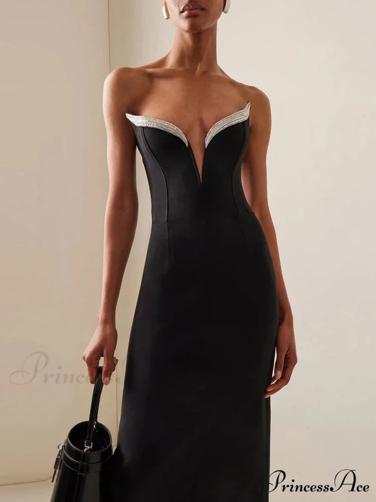 Sexy Strapless V Neck Diamonds Bandage Black Sleeveless Christmas Party Dress