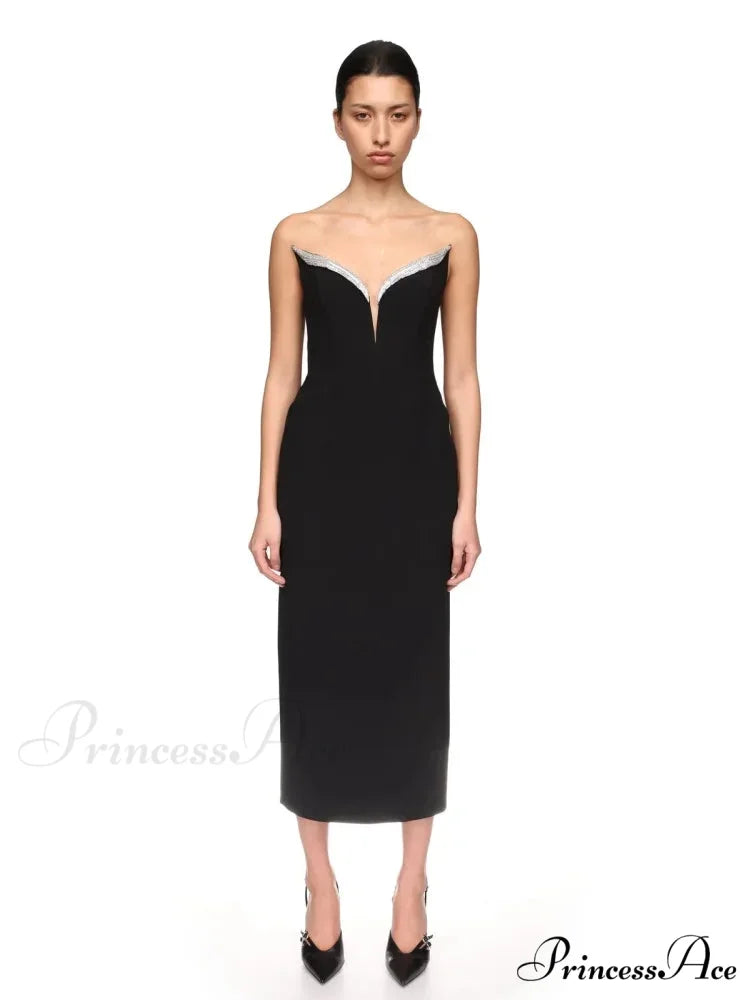 Sexy Strapless V Neck Diamonds Bandage Black Sleeveless Christmas Party Dress