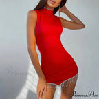 Sexy Summer Contrast Color Rhinestones Mini Dress Women Round Neck Sleeveless Christmas Party Dress