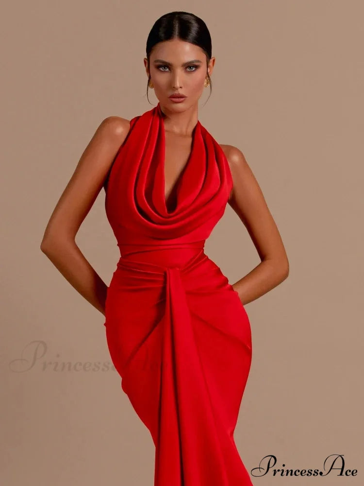 Sexy Swinging Collar Backless Pleated Long Dress Draped Design Christmas Party Dress