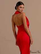 Sexy Swinging Collar Backless Pleated Long Dress Draped Design Christmas Party Dress