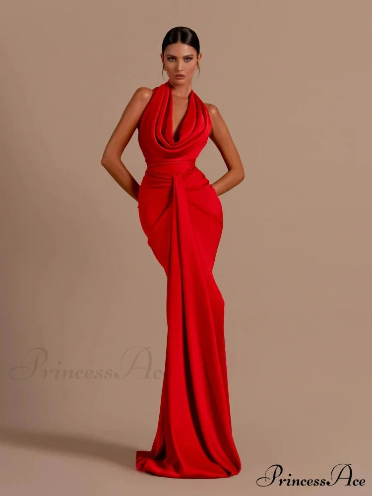 Sexy Swinging Collar Backless Pleated Long Dress Draped Design Christmas Party Dress
