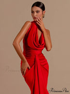 Sexy Swinging Collar Backless Pleated Long Dress Draped Design Christmas Party Dress
