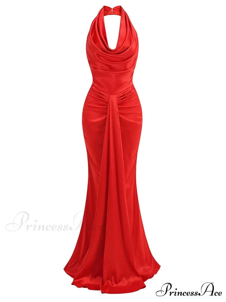 Sexy Swinging Collar Backless Pleated Long Dress Draped Design Christmas Party Dress