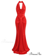 Sexy Swinging Collar Backless Pleated Long Dress Draped Design Christmas Party Dress