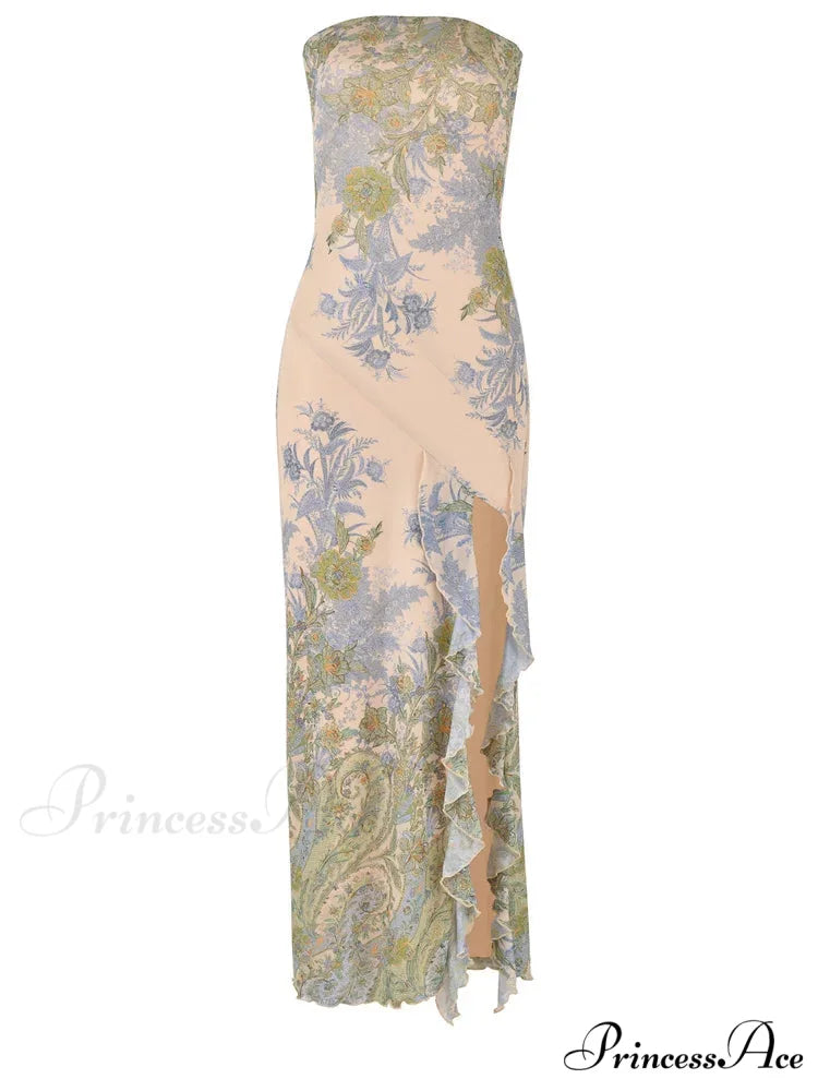 Sexy Tube for Women Irregular Hem Tassel Strapless Off Shoulder Ruffle High Split Vestido