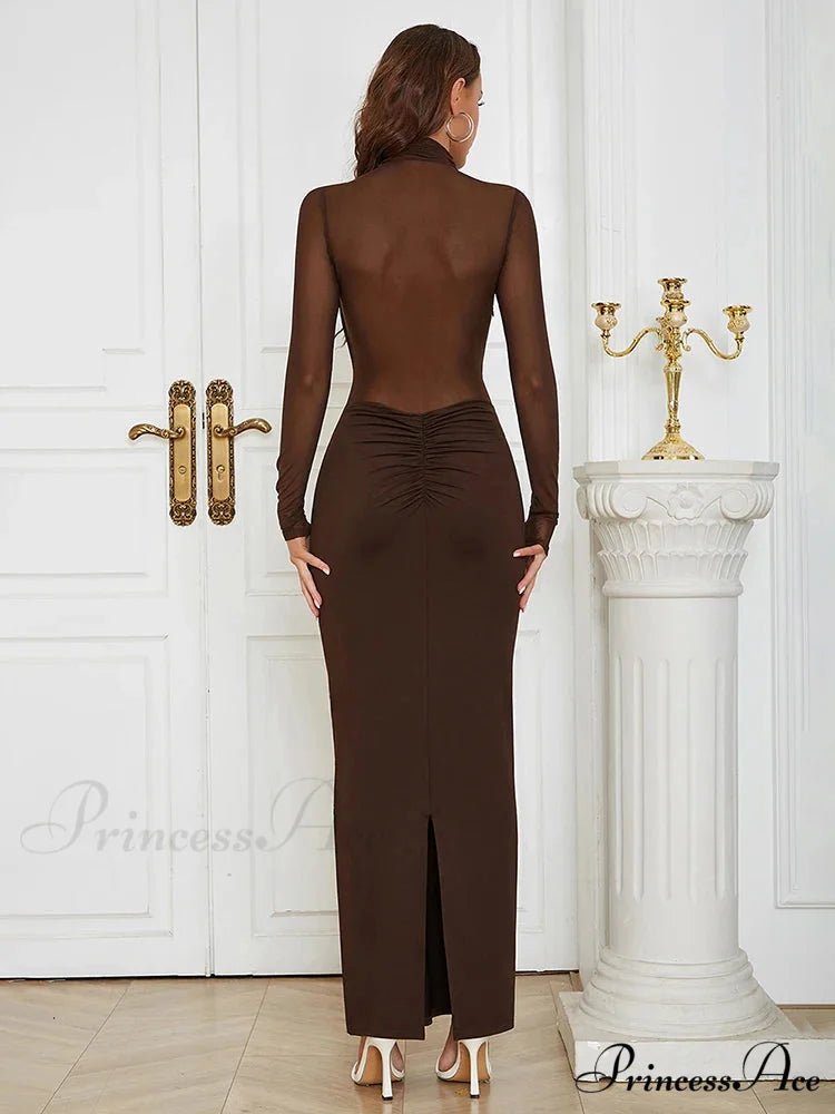 Sexy Turtleneck Mesh Patchwork Folds Brown Long Sleeve Draped Christmas Party Dress