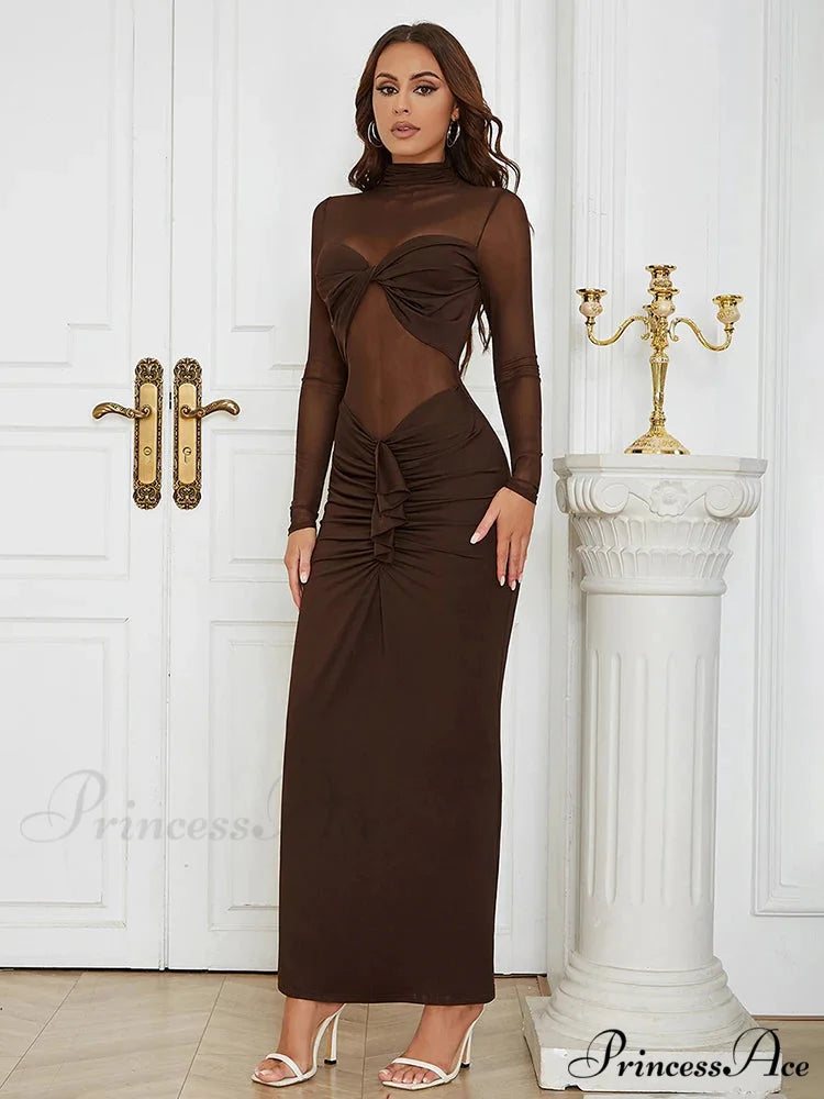 Sexy Turtleneck Mesh Patchwork Folds Brown Long Sleeve Draped Christmas Party Dress
