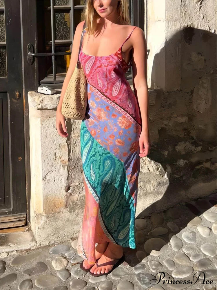 Sexy U-Neck Backless Bosnian Graceful Print Suspender Maxi Dress