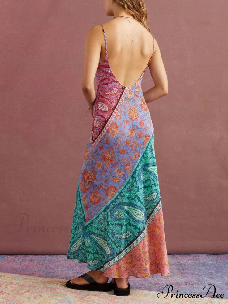 Sexy U-Neck Backless Bosnian Graceful Print Suspender Maxi Dress