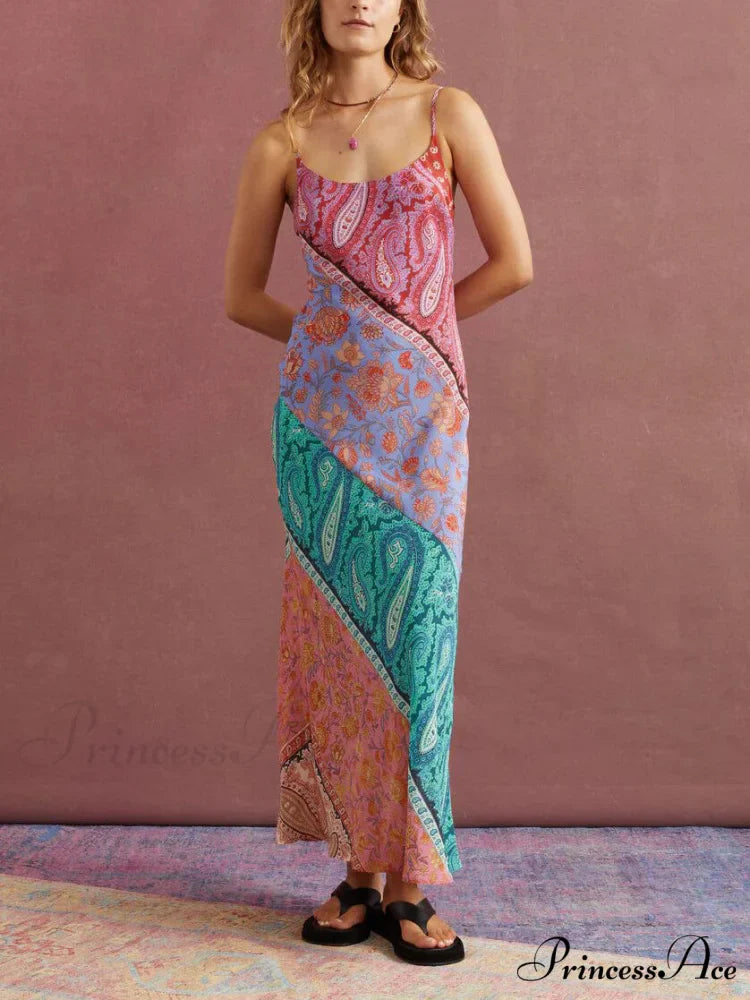 Sexy U-Neck Backless Bosnian Graceful Print Suspender Maxi Dress