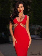 Sexy V Neck Flower Hollow Out Design Midi Dress Halter Christmas Party Dress