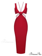 Sexy V Neck Flower Hollow Out Design Midi Dress Halter Christmas Party Dress