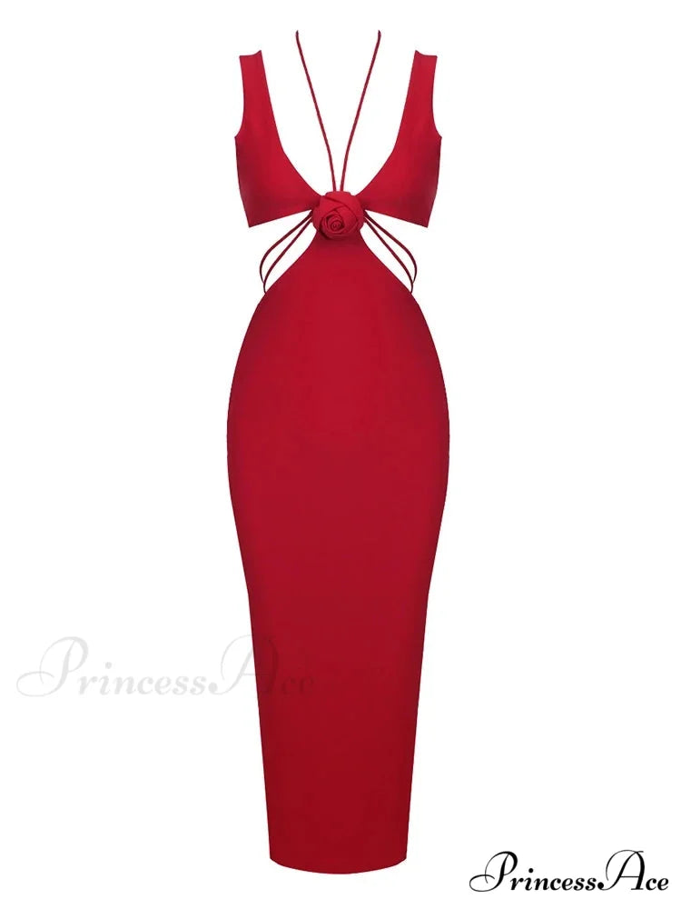 Sexy V Neck Flower Hollow Out Design Midi Dress Halter Christmas Party Dress