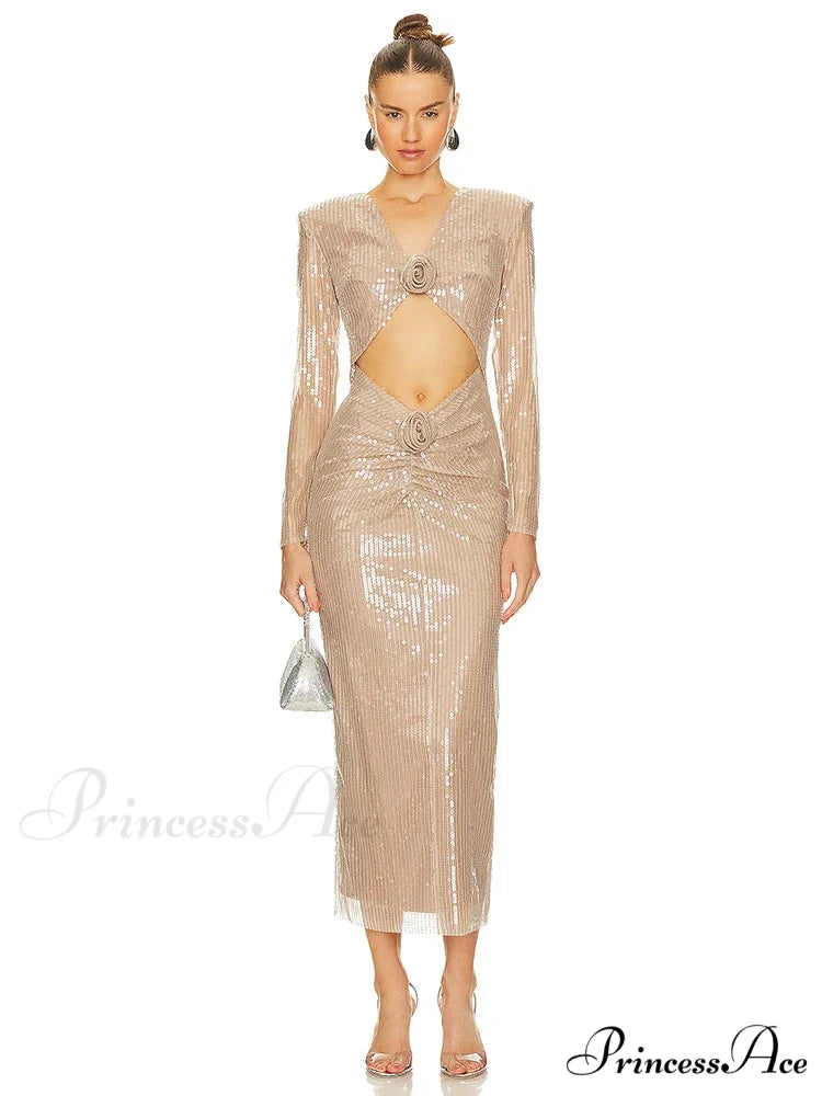 Sexy V Neck Sequins Cutout 3D Flower Dress Long Sleeves Christmas Party Dress