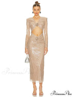 Sexy V Neck Sequins Cutout 3D Flower Dress Long Sleeves Christmas Party Dress