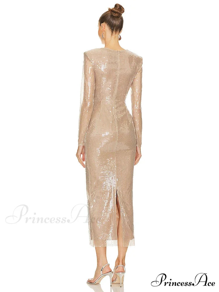 Sexy V Neck Sequins Cutout 3D Flower Dress Long Sleeves Christmas Party Dress